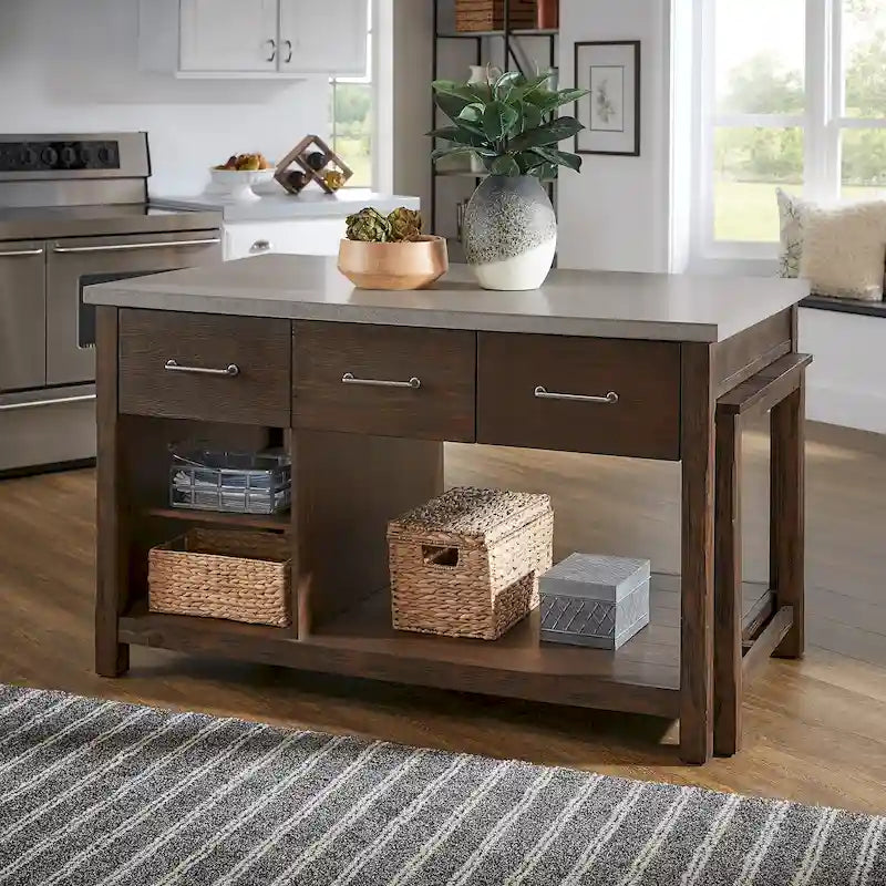Extendable Kitchen Island with 3 Drawers and Open Shelf, Carbonized Pine