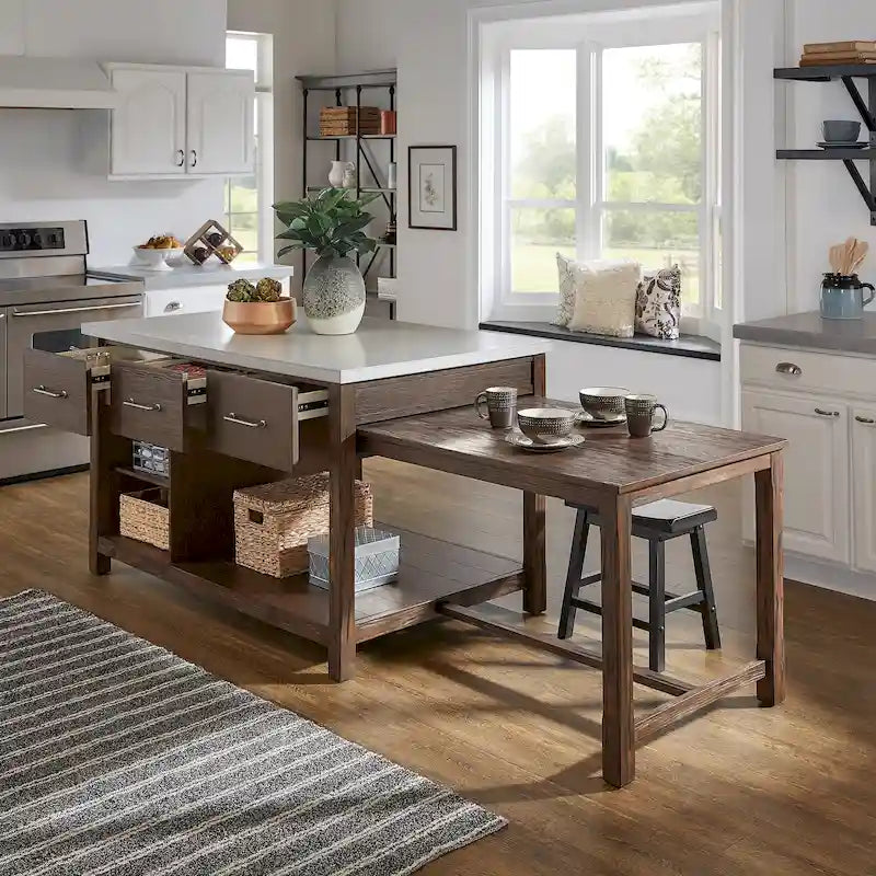 Extendable Kitchen Island with 3 Drawers and Open Shelf, Carbonized Pine