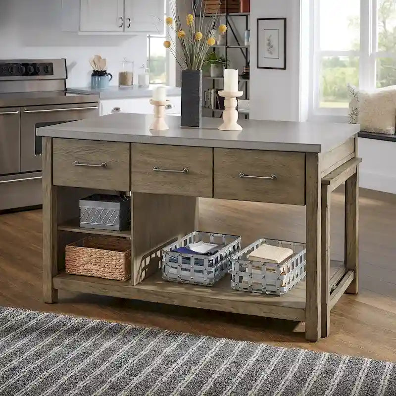 Extendable Kitchen Island with 3 Drawers and Open Shelf, Carbonized Pine