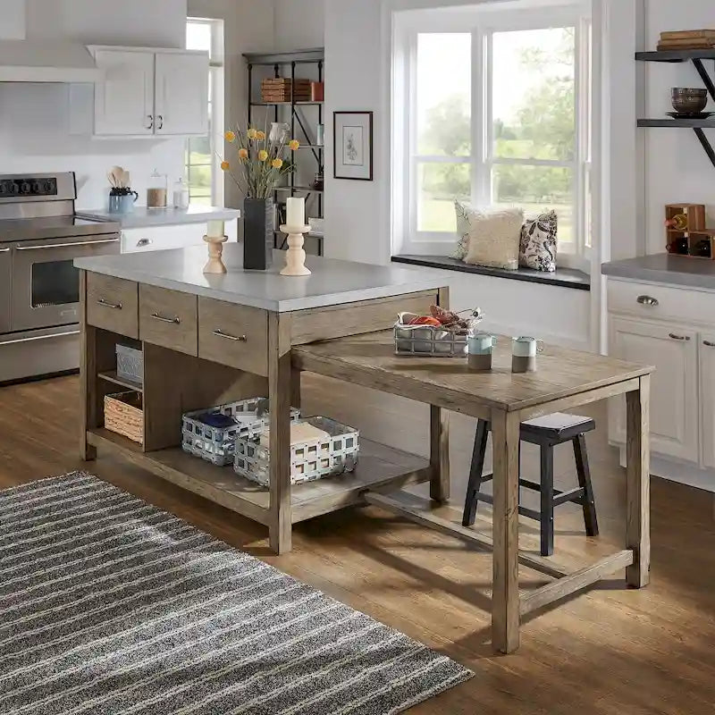 Extendable Kitchen Island with 3 Drawers and Open Shelf, Carbonized Pine