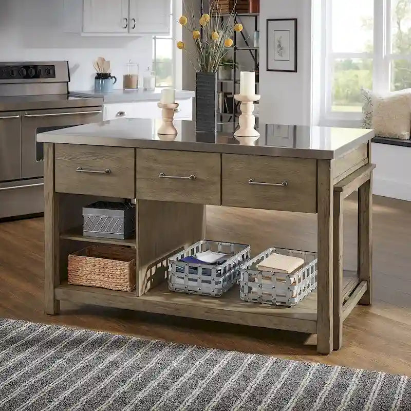 Extendable Kitchen Island with 3 Drawers and Open Shelf, Carbonized Pine