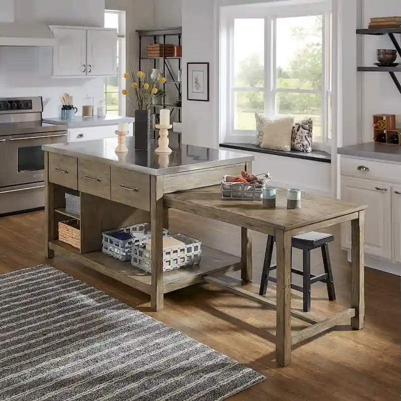 Extendable Kitchen Island with 3 Drawers and Open Shelf, Carbonized Pine