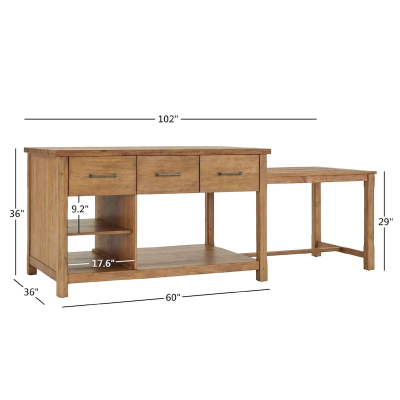 Extendable Kitchen Island with 3 Drawers and Open Shelf, Carbonized Pine
