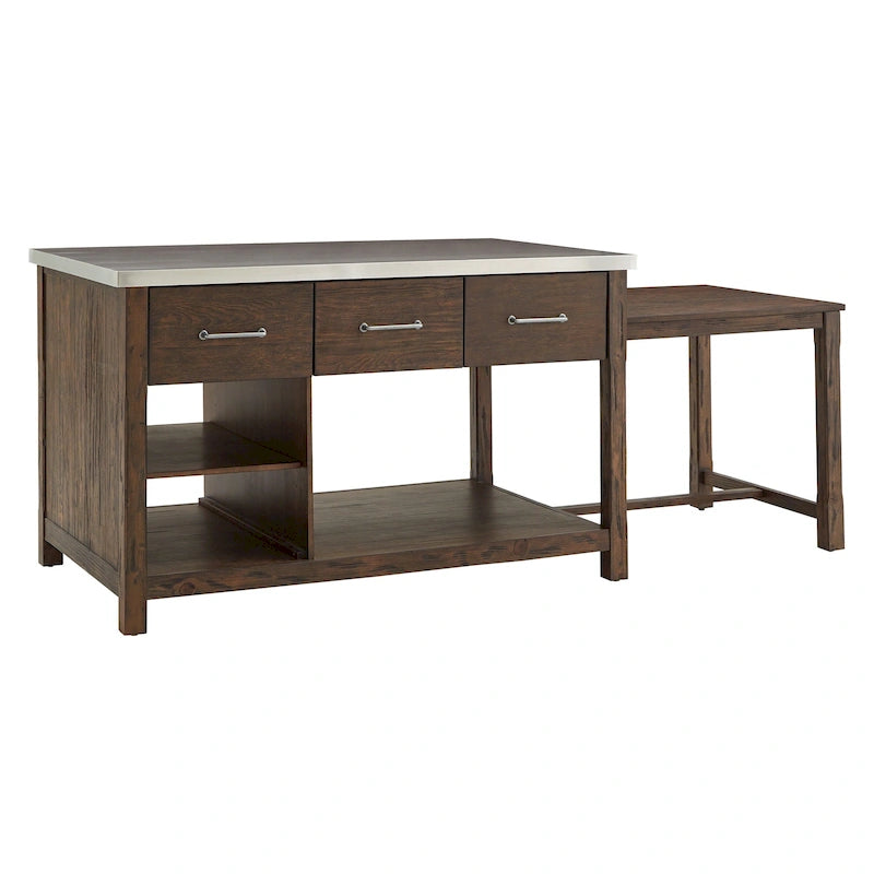 Extendable Kitchen Island with 3 Drawers and Open Shelf, Carbonized Pine