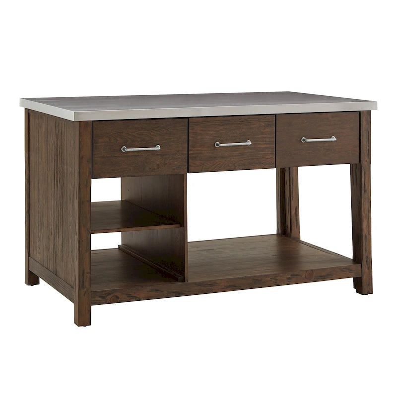 Extendable Kitchen Island with 3 Drawers and Open Shelf, Carbonized Pine