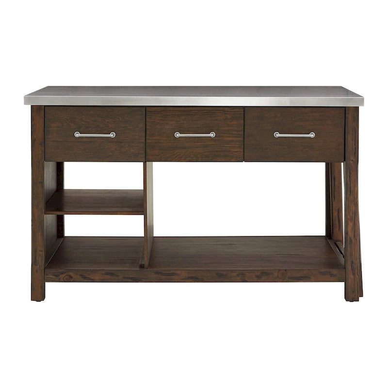 Extendable Kitchen Island with 3 Drawers and Open Shelf, Carbonized Pine