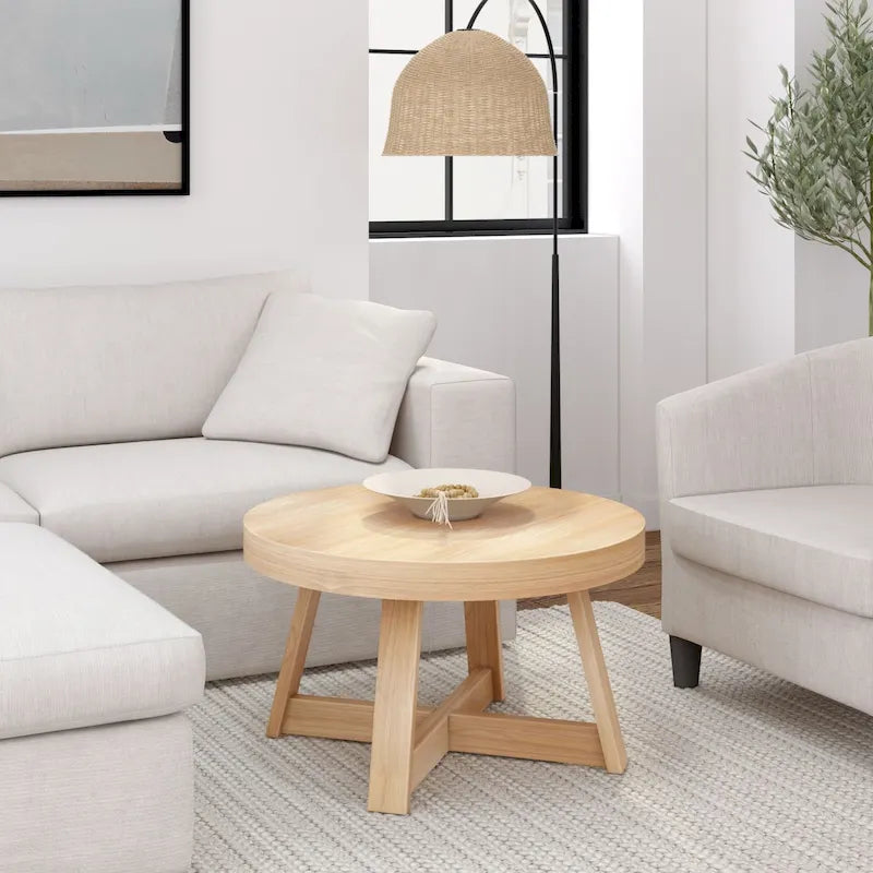 Solid Pine Round Coffee Table, Wirebrush Finish, 30 x 30 x 17.75 Inches