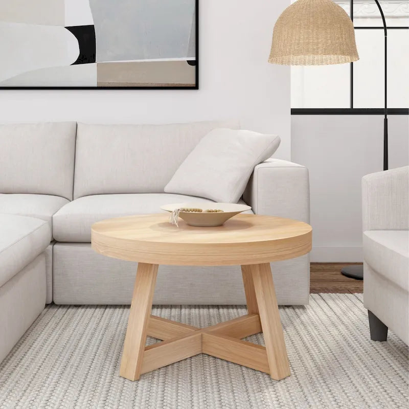 Solid Pine Round Coffee Table, Wirebrush Finish, 30 x 30 x 17.75 Inches