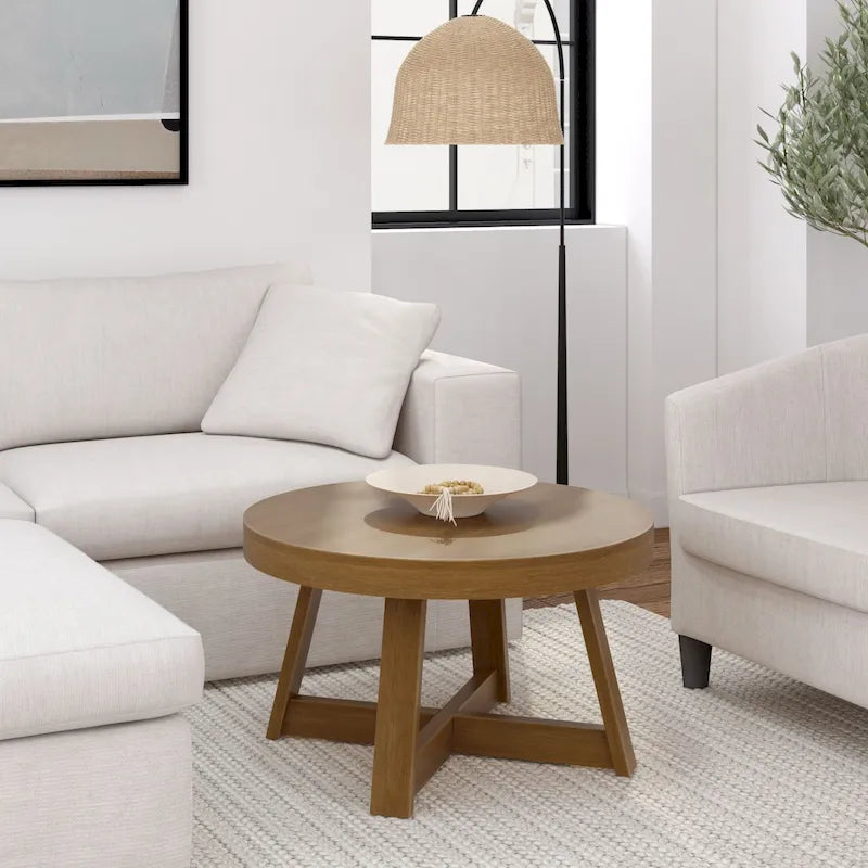 Solid Pine Round Coffee Table, Wirebrush Finish, 30 x 30 x 17.75 Inches