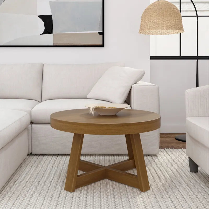 Solid Pine Round Coffee Table, Wirebrush Finish, 30 x 30 x 17.75 Inches