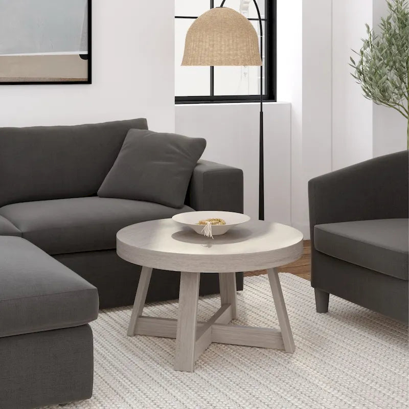 Solid Pine Round Coffee Table, Wirebrush Finish, 30 x 30 x 17.75 Inches