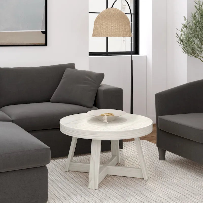 Solid Pine Round Coffee Table, Wirebrush Finish, 30 x 30 x 17.75 Inches