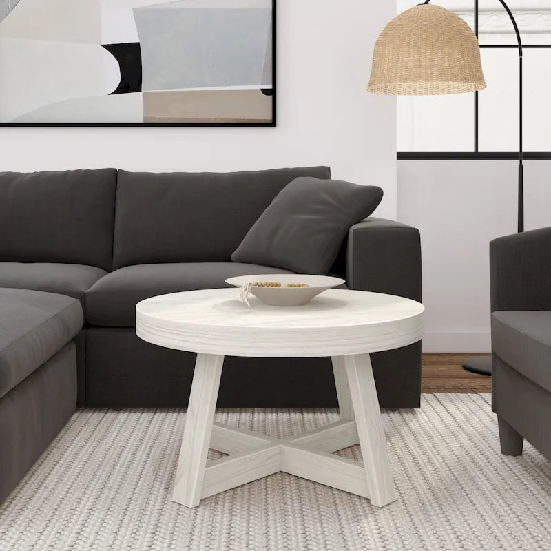 Solid Pine Round Coffee Table, Wirebrush Finish, 30 x 30 x 17.75 Inches