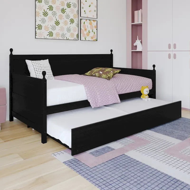 Twin Daybed with Pull-Out Trundle, Solid Rubberwood, 5 Color Options