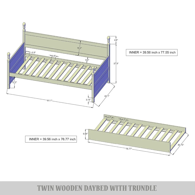 Twin Daybed with Pull-Out Trundle, Solid Rubberwood, 5 Color Options