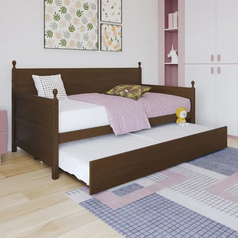 Twin Daybed with Pull-Out Trundle, Solid Rubberwood, 5 Color Options