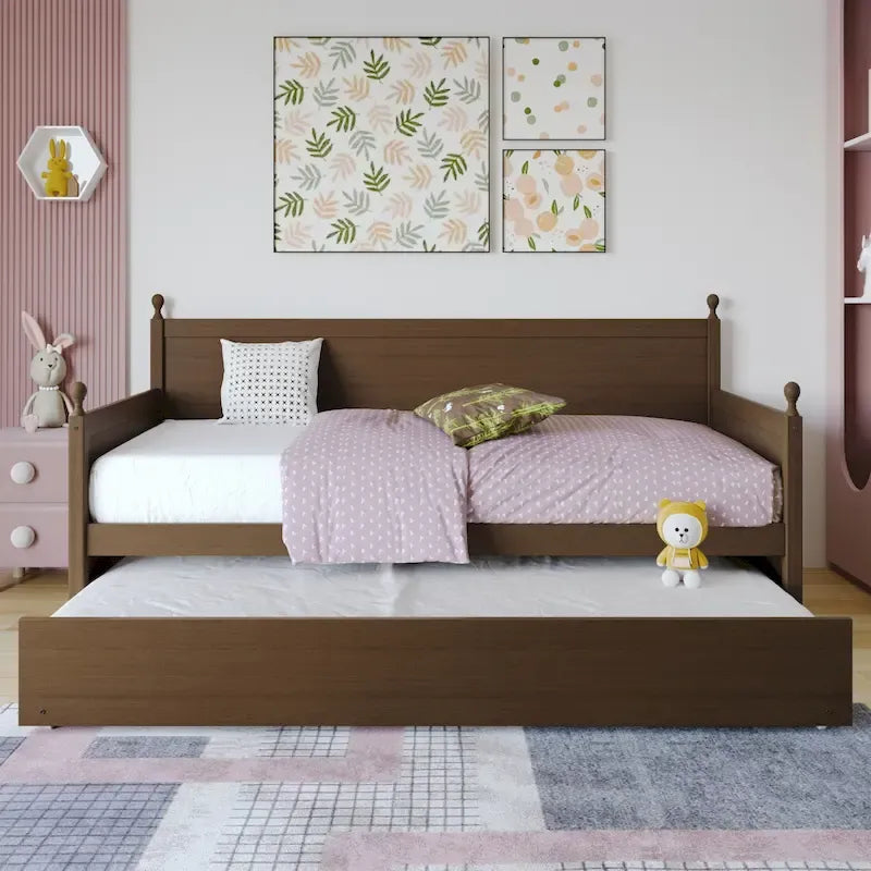 Twin Daybed with Pull-Out Trundle, Solid Rubberwood, 5 Color Options