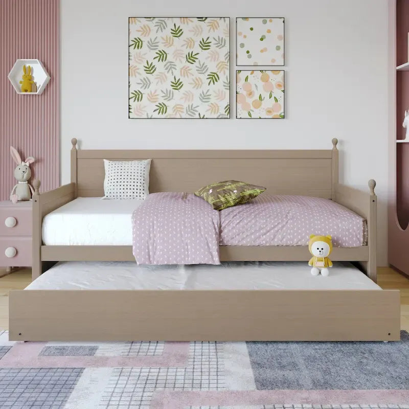 Twin Daybed with Pull-Out Trundle, Solid Rubberwood, 5 Color Options