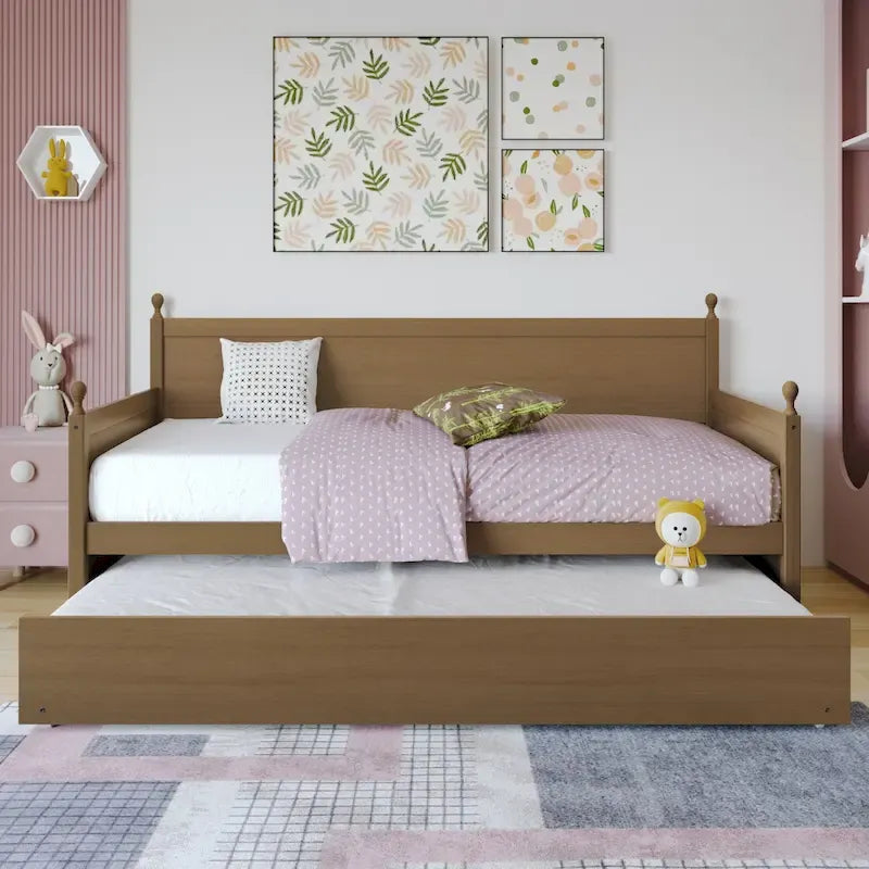 Twin Daybed with Pull-Out Trundle, Solid Rubberwood, 5 Color Options