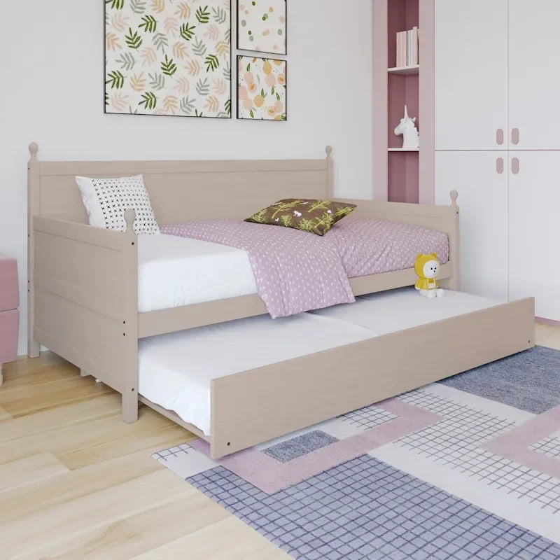 Twin Daybed with Pull-Out Trundle, Solid Rubberwood, 5 Color Options