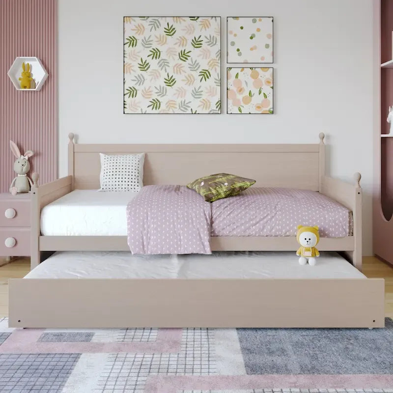 Twin Daybed with Pull-Out Trundle, Solid Rubberwood, 5 Color Options