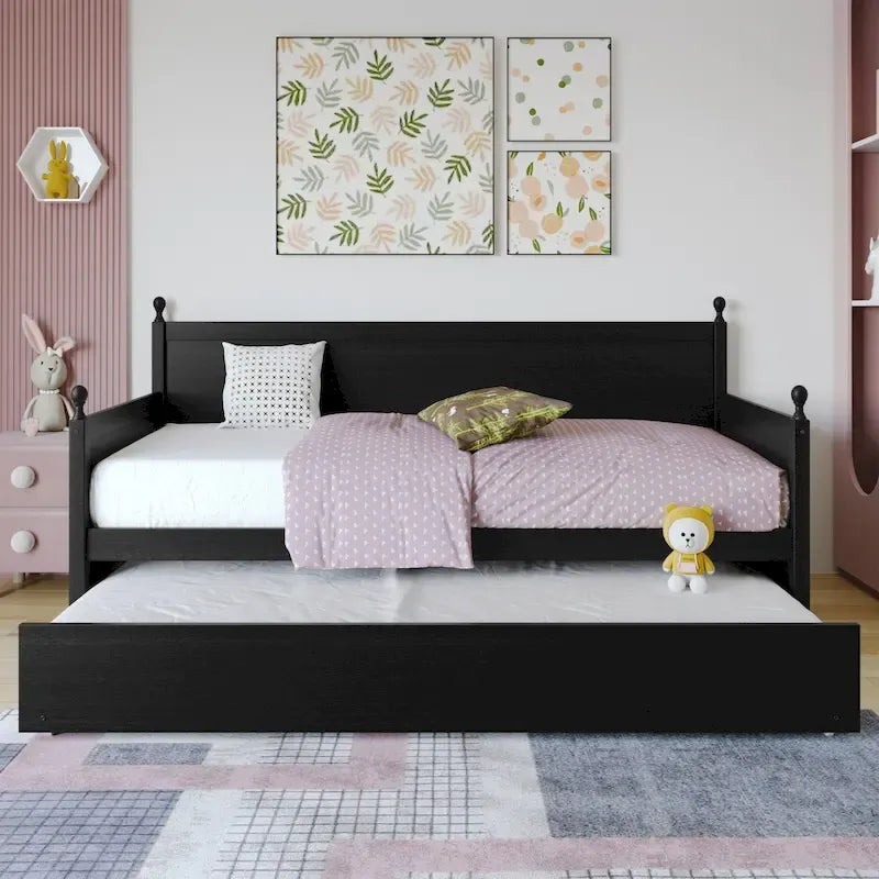 Twin Daybed with Pull-Out Trundle, Solid Rubberwood, 5 Color Options
