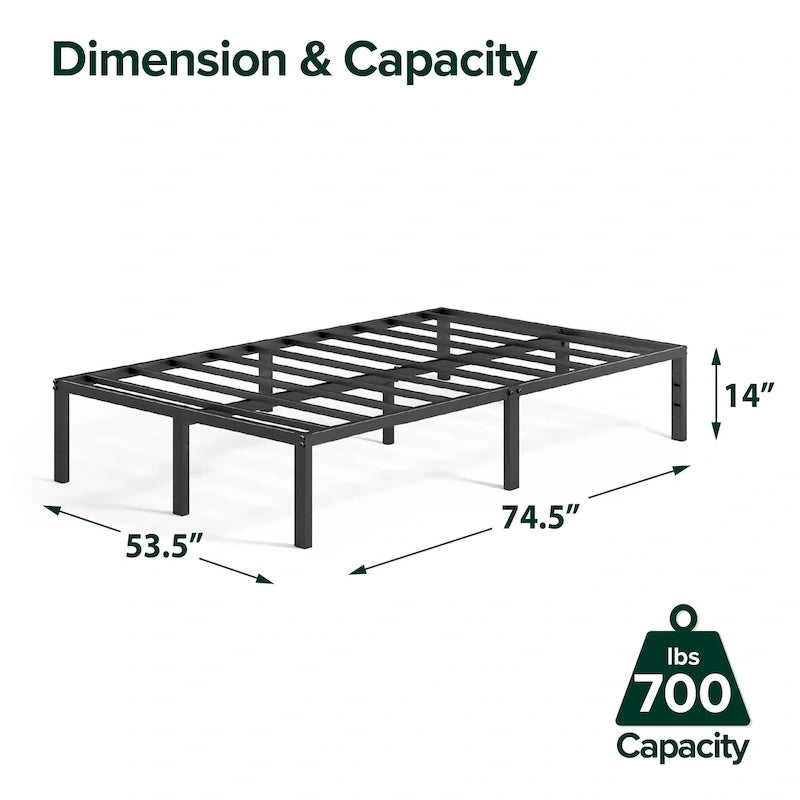 Black Metal Platform Bed Frame, Headboard Compatible, No Box Spring, 5-Year Warranty