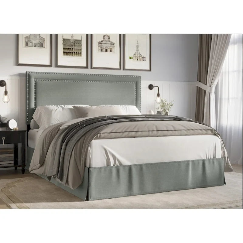 Upholstered Panel Bed with Nailhead Headboard and Bed Skirt, 4 Colors, 4 Sizes