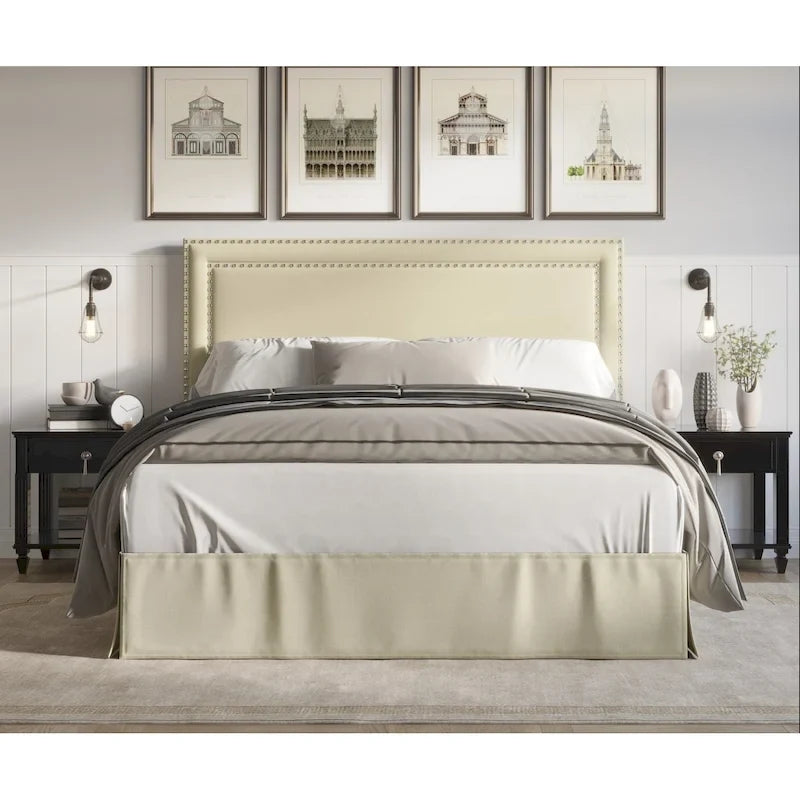 Upholstered Panel Bed with Nailhead Headboard and Bed Skirt, 4 Colors, 4 Sizes