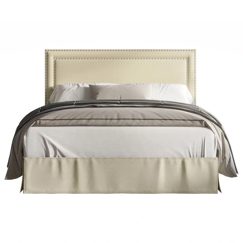 Upholstered Panel Bed with Nailhead Headboard and Bed Skirt, 4 Colors, 4 Sizes