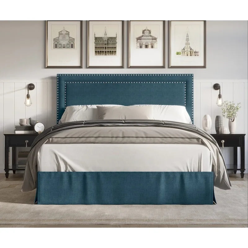 Upholstered Panel Bed with Nailhead Headboard and Bed Skirt, 4 Colors, 4 Sizes