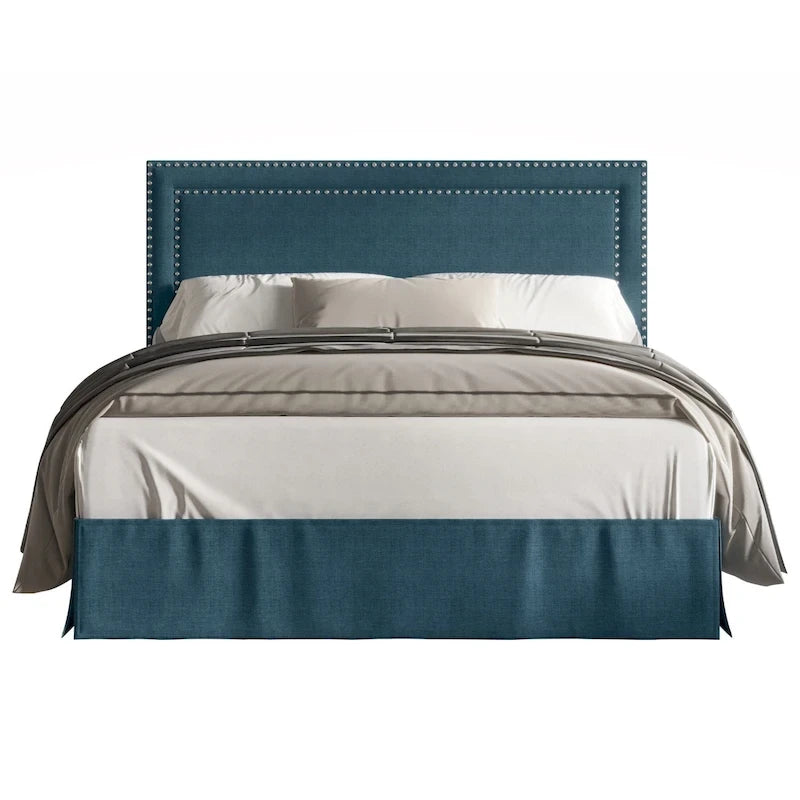 Upholstered Panel Bed with Nailhead Headboard and Bed Skirt, 4 Colors, 4 Sizes