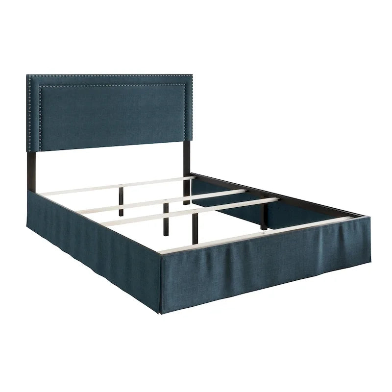 Upholstered Panel Bed with Nailhead Headboard and Bed Skirt, 4 Colors, 4 Sizes