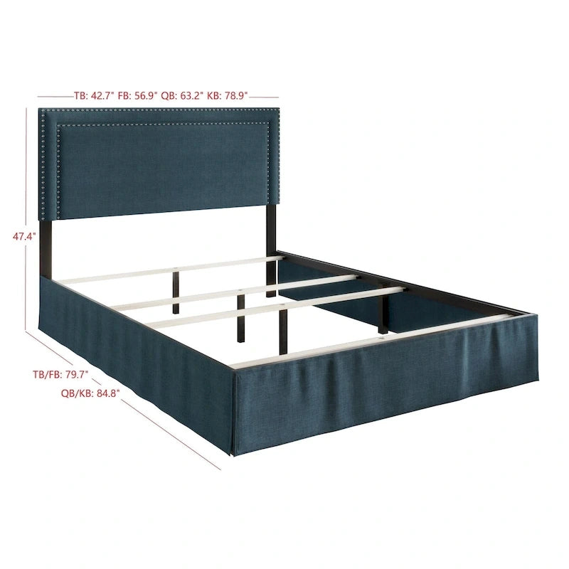Upholstered Panel Bed with Nailhead Headboard and Bed Skirt, 4 Colors, 4 Sizes