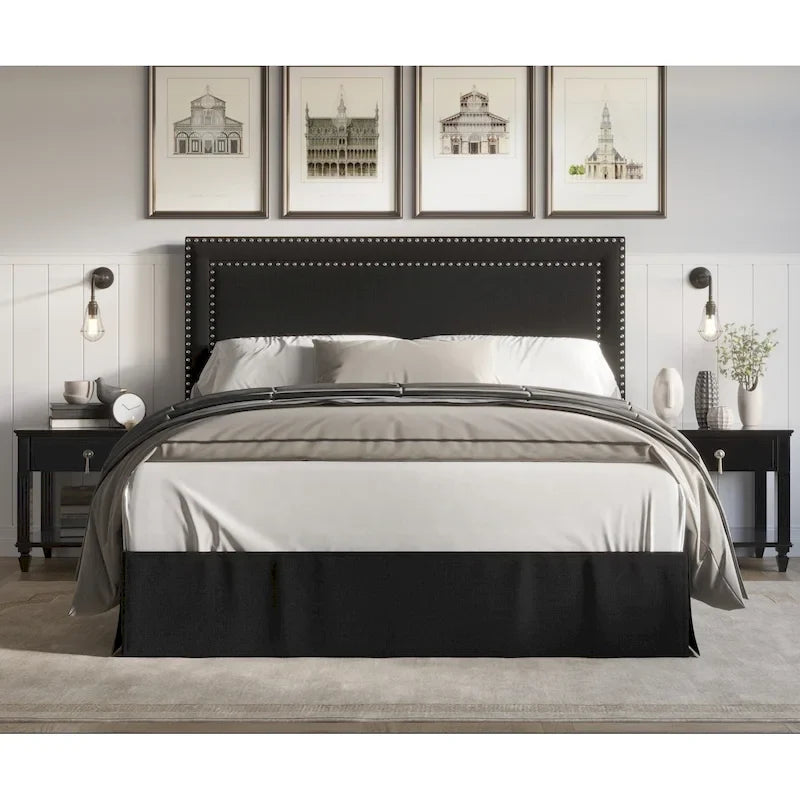 Upholstered Panel Bed with Nailhead Headboard and Bed Skirt, 4 Colors, 4 Sizes