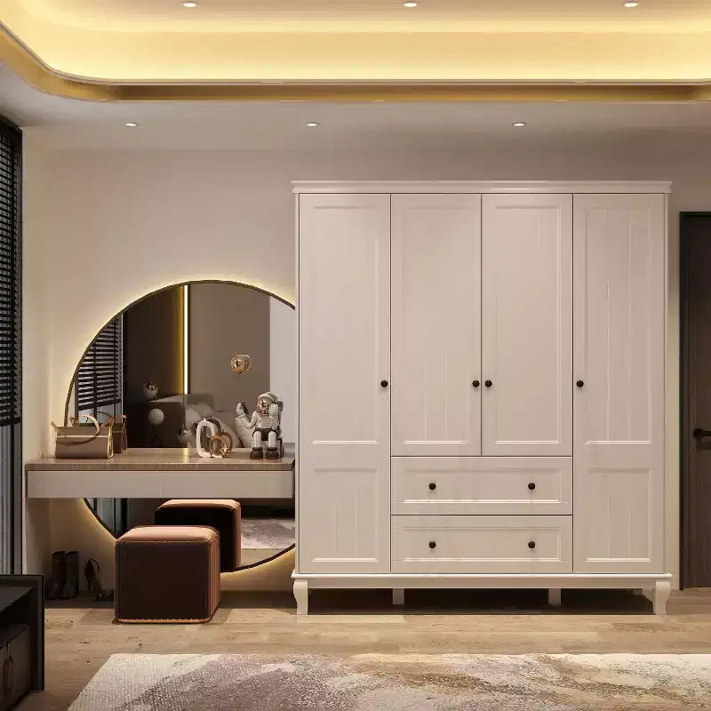 Famapy White Freestanding Wood Armoire With Drawers and Hanging Rods