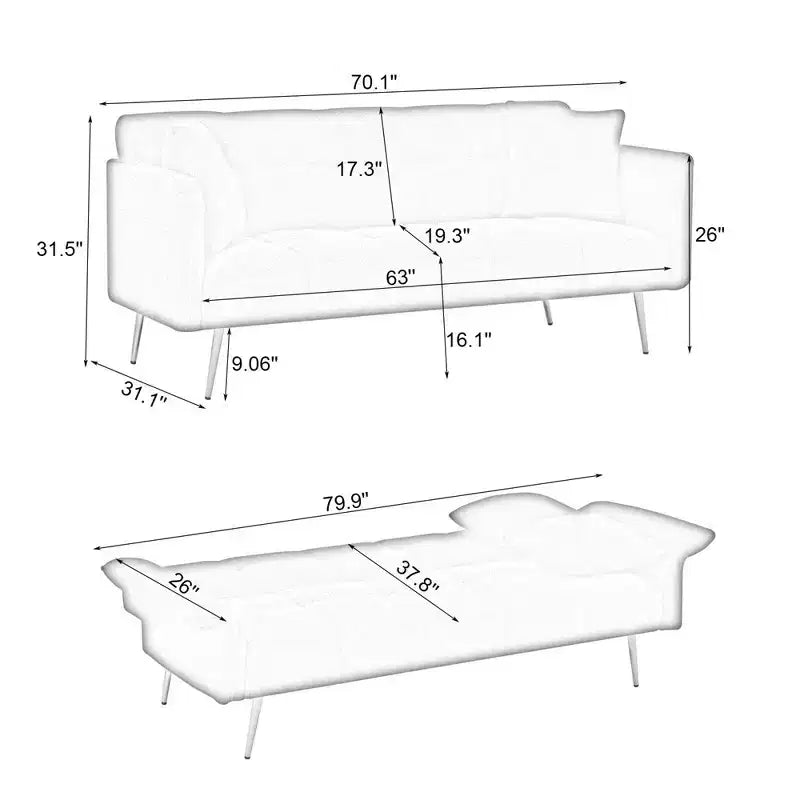 Canapé-lit convertible en velours avec structure en bois et porte-gobelets 70" L