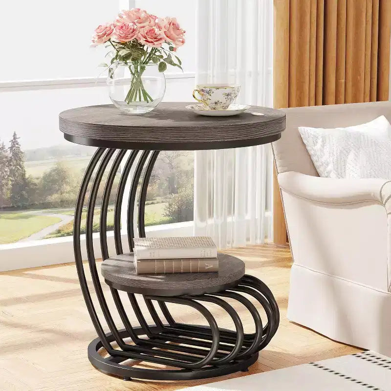 Table d'appoint ronde à 2 niveaux en panneaux de particules avec cadre en arc métallique
