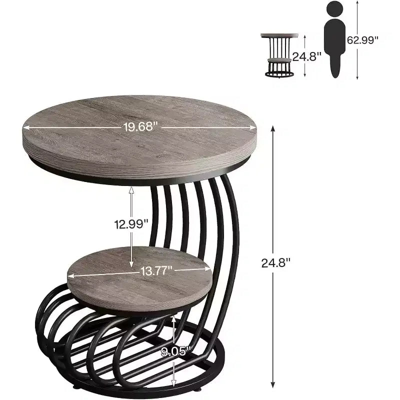 Table d'appoint ronde à 2 niveaux en panneaux de particules avec cadre en arc métallique
