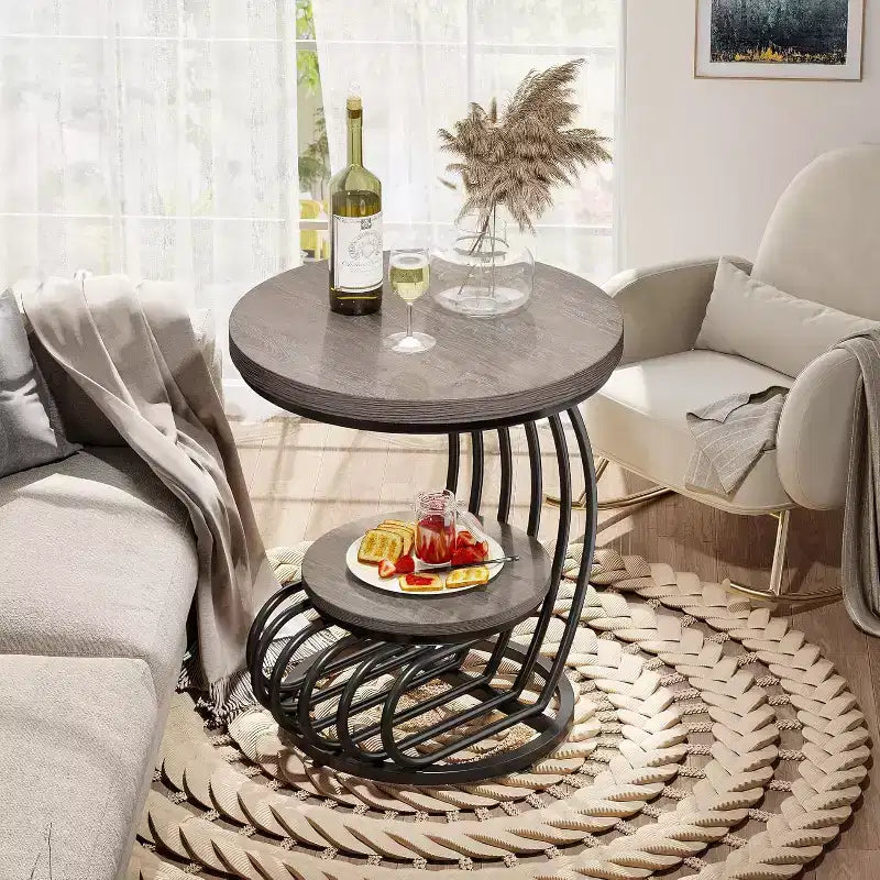Table d'appoint ronde à 2 niveaux en panneaux de particules avec cadre en arc métallique