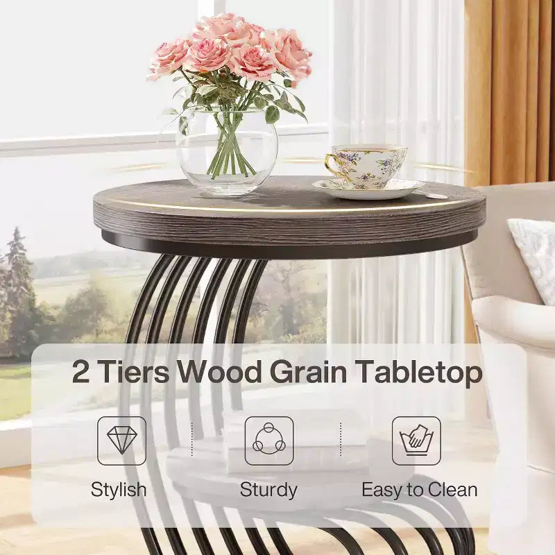 Table d'appoint ronde à 2 niveaux en panneaux de particules avec cadre en arc métallique