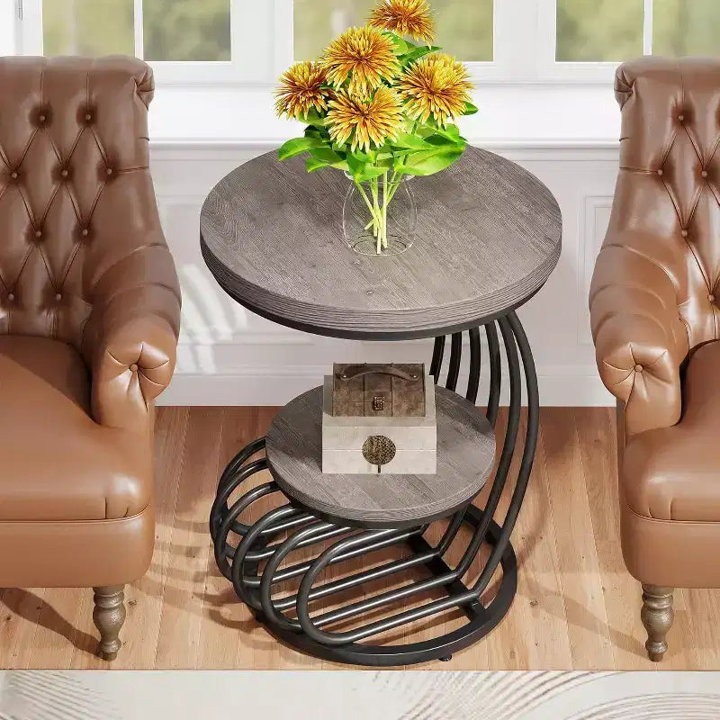 Table d'appoint ronde à 2 niveaux en panneaux de particules avec cadre en arc métallique