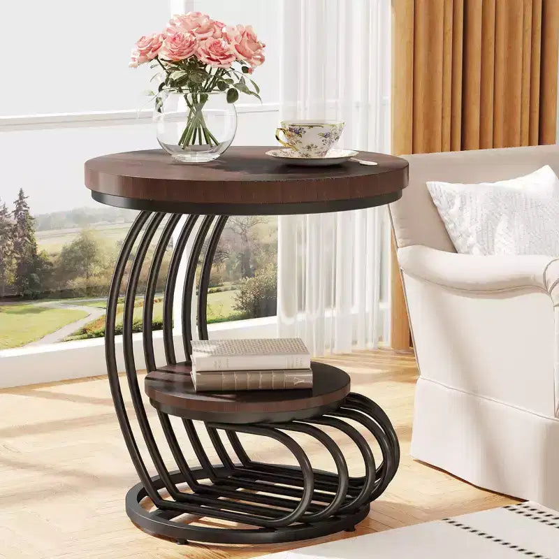 Table d'appoint ronde à 2 niveaux en panneaux de particules avec cadre en arc métallique