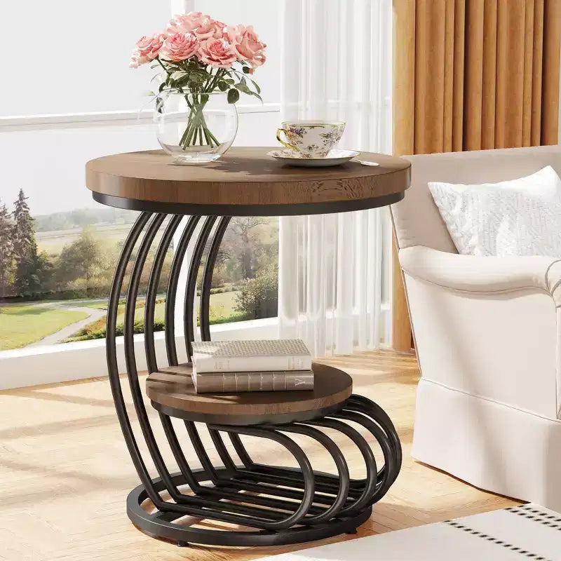 Table d'appoint ronde à 2 niveaux en panneaux de particules avec cadre en arc métallique