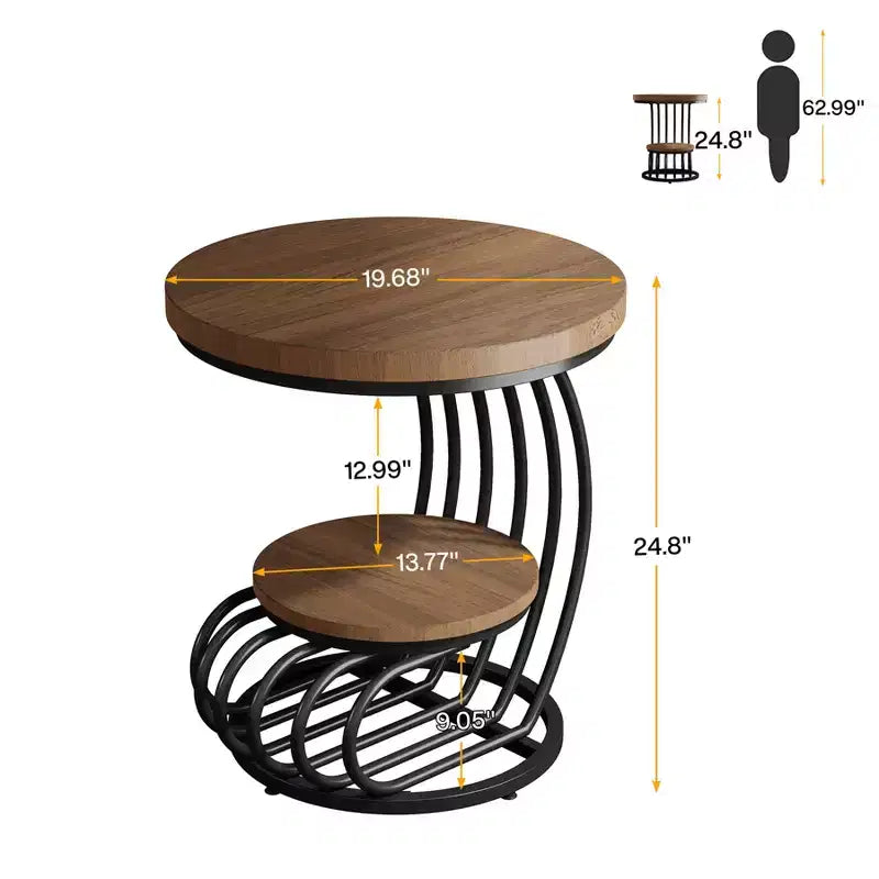 Table d'appoint ronde à 2 niveaux en panneaux de particules avec cadre en arc métallique