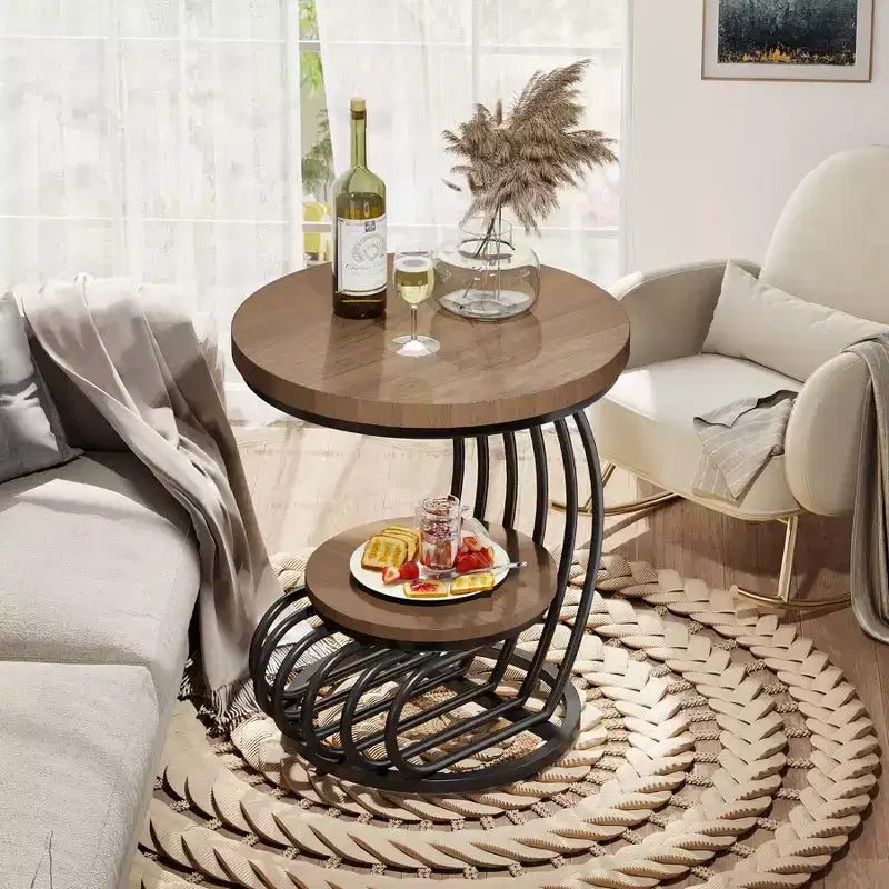 Table d'appoint ronde à 2 niveaux en panneaux de particules avec cadre en arc métallique