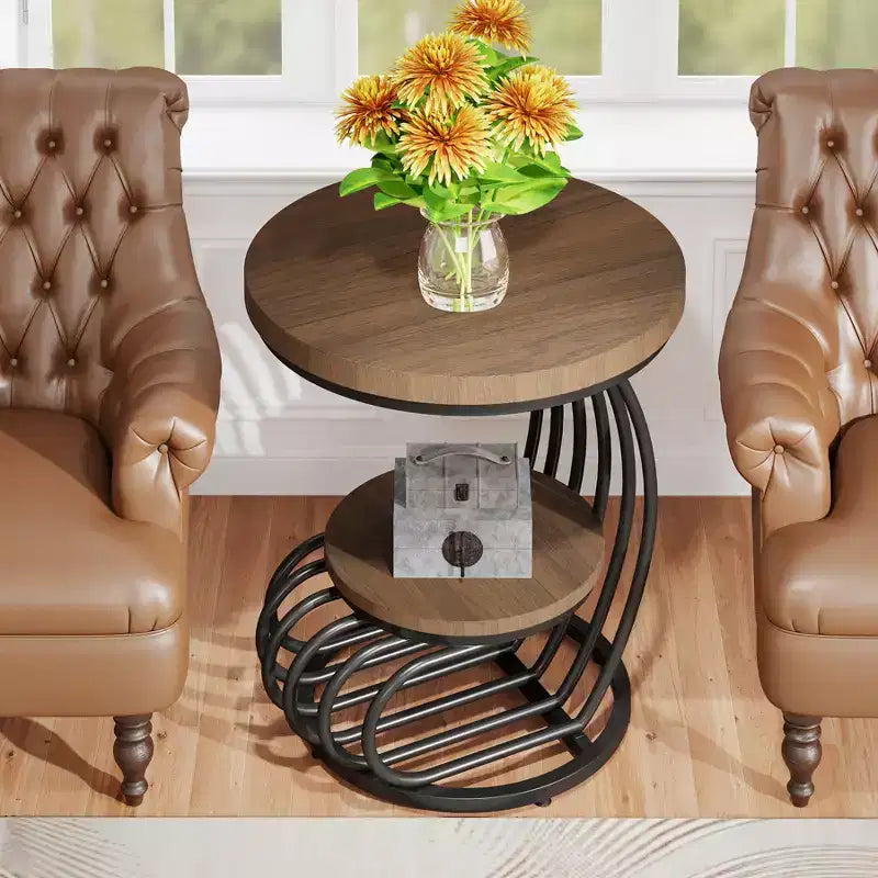 Table d'appoint ronde à 2 niveaux en panneaux de particules avec cadre en arc métallique