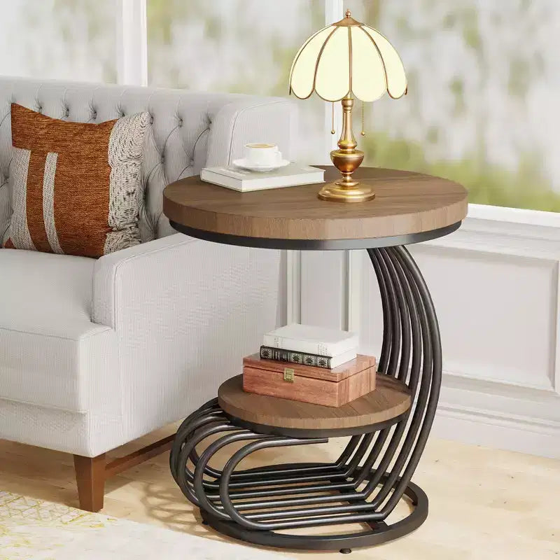 Table d'appoint ronde à 2 niveaux en panneaux de particules avec cadre en arc métallique