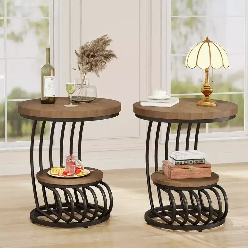 Table d'appoint ronde à 2 niveaux en panneaux de particules avec cadre en arc métallique