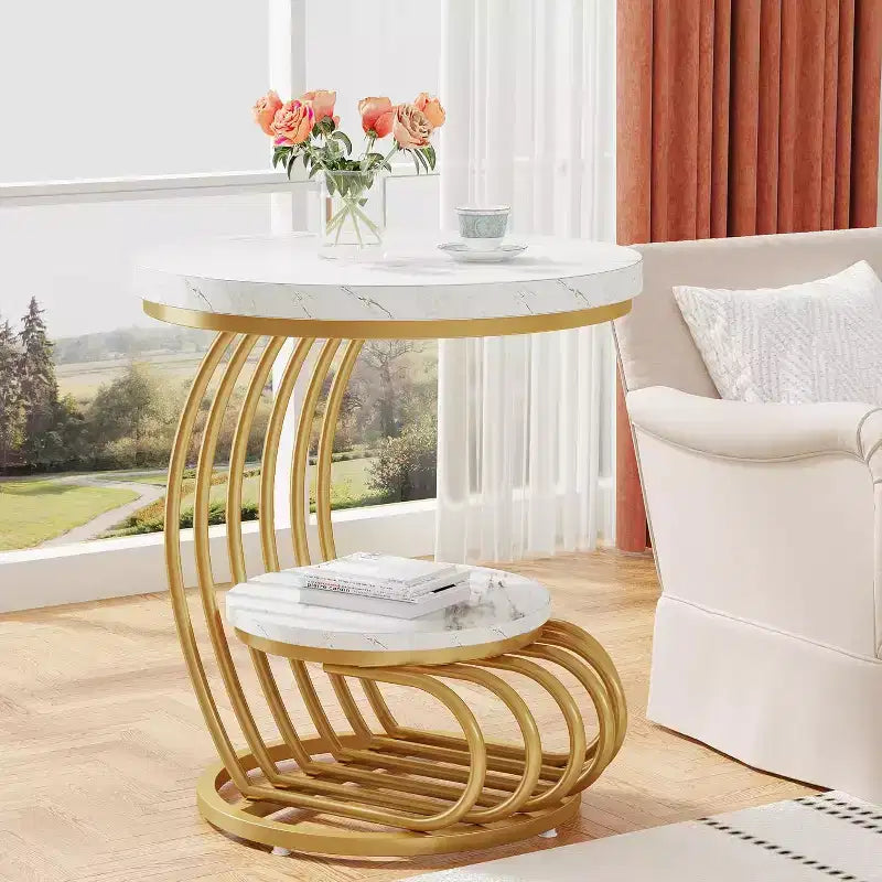 Table d'appoint ronde à 2 niveaux en panneaux de particules avec cadre en arc métallique